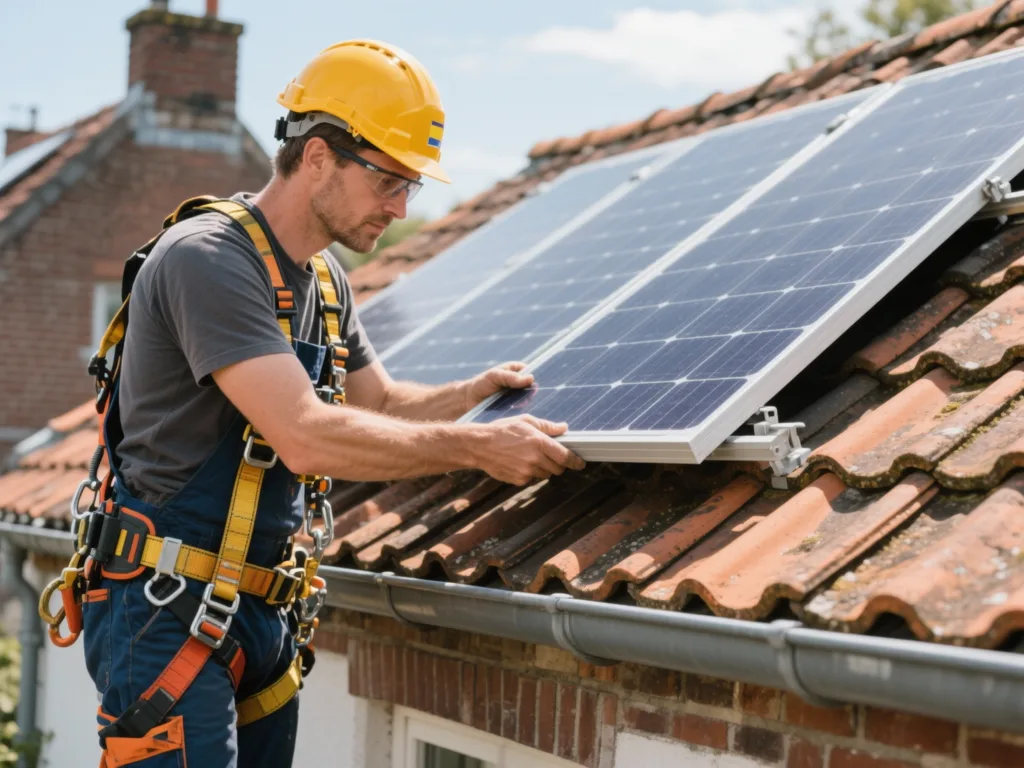 Installateur posant un panneau solaire sur une toiture en tuile en Belgique