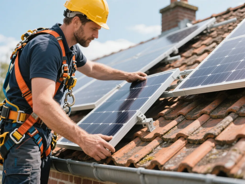 Installateur posant un panneau solaire sur une toiture en tuile en Belgique