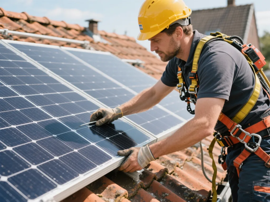 Installateur posant un panneau solaire sur une toiture en tuile en Belgique