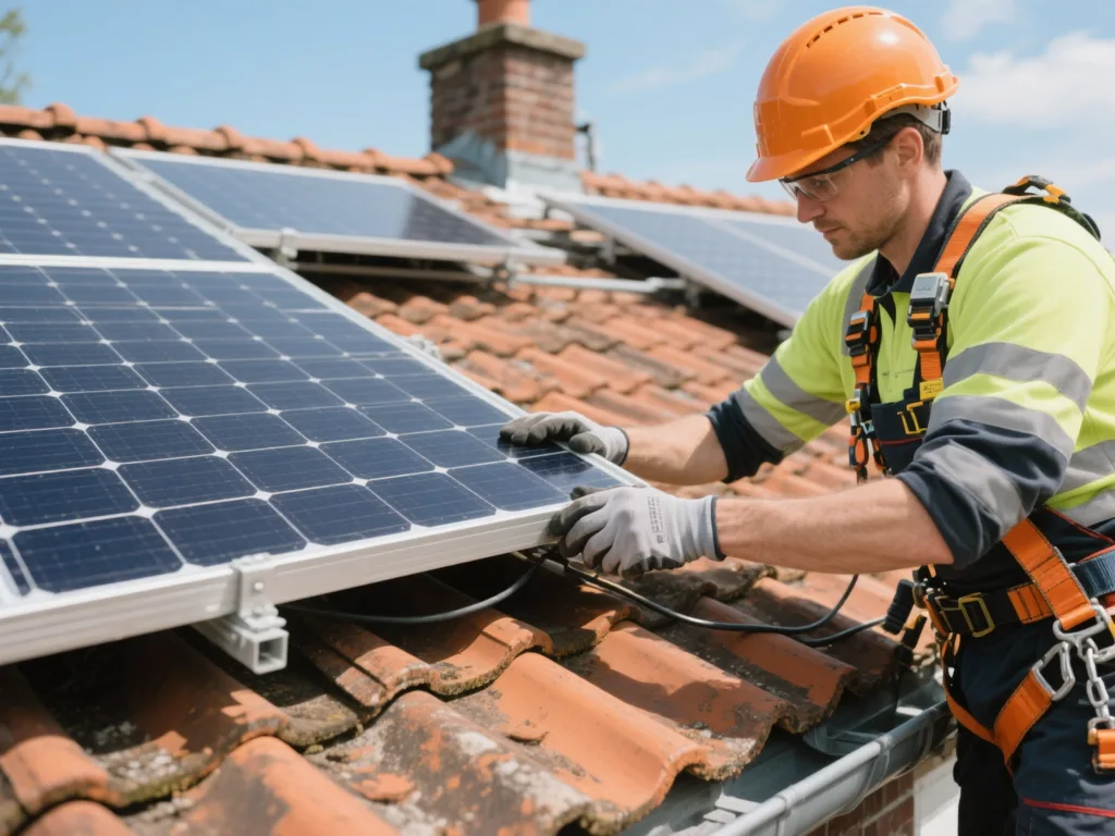 Installateur posant un panneau solaire sur une toiture en tuile en Belgique
