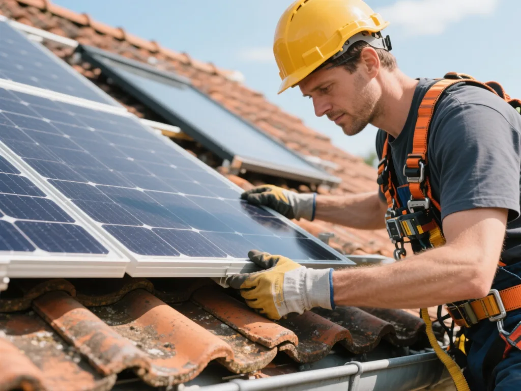 Installateur posant un panneau solaire sur une toiture en tuile en Belgique