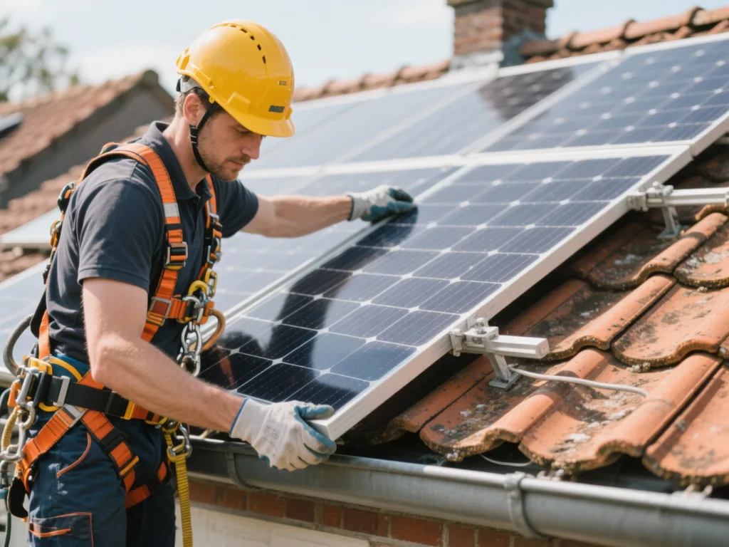 Installateur posant un panneau solaire sur une toiture en tuile en Belgique