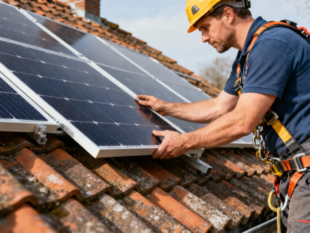 Installateur posant un panneau solaire sur une toiture en tuile en Belgique