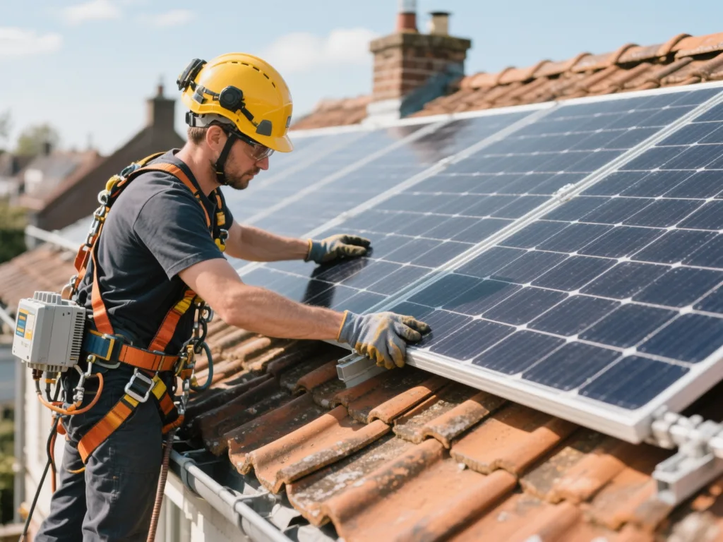 Installateur posant un panneau solaire sur une toiture en tuile en Belgique