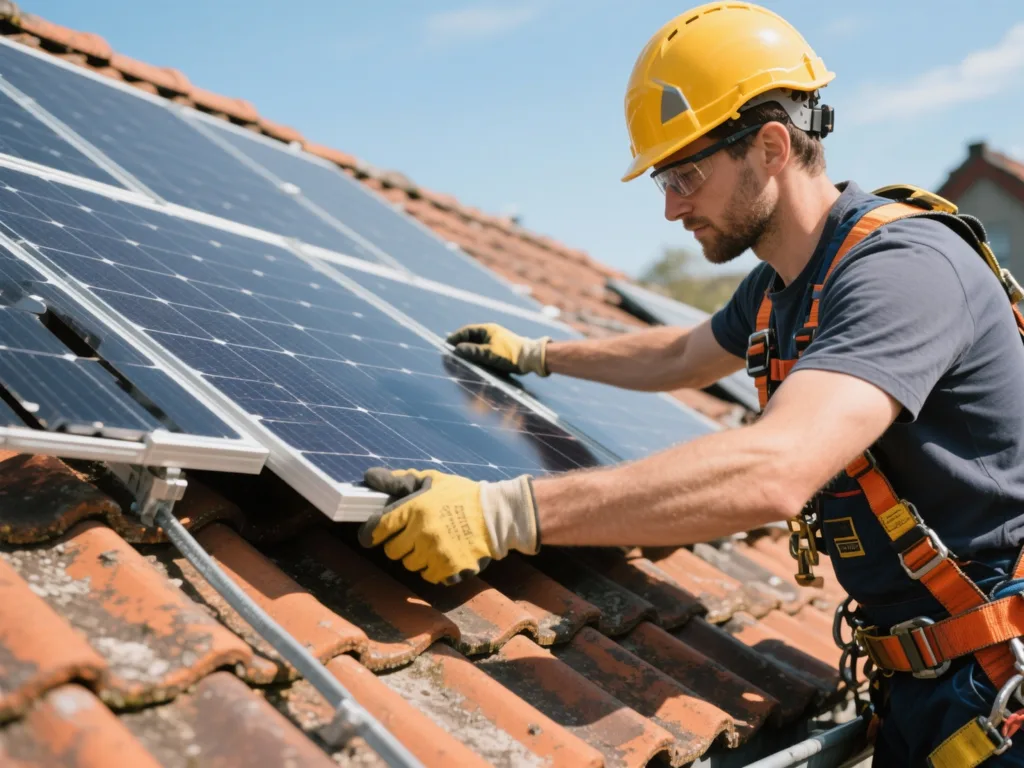 Installateur posant un panneau solaire sur une toiture en tuile en Belgique