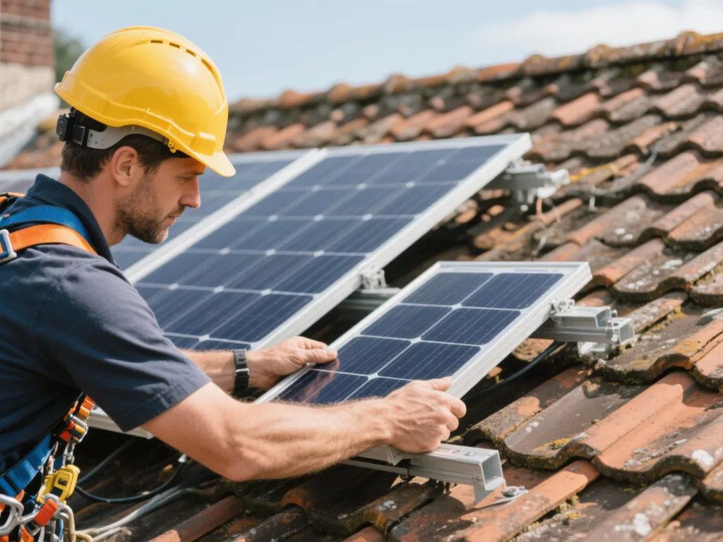 Installateur posant un panneau solaire sur une toiture en tuile en Belgique
