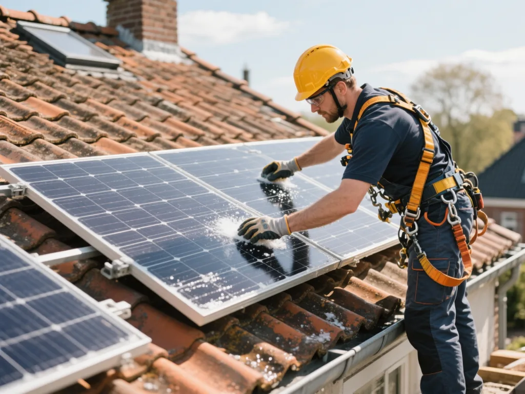Technicien intervenant sur des panneaux solaires d’une toiture en tuile en Belgique
