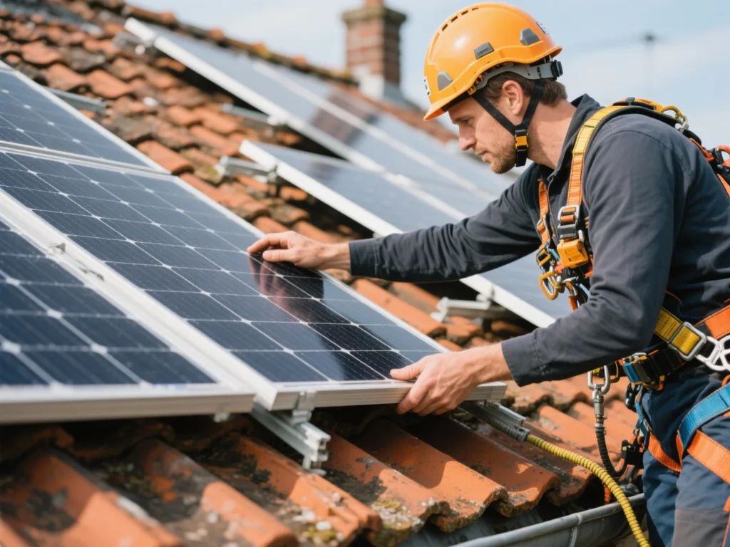 Installateur posant un panneau solaire sur une toiture en tuile en Belgique