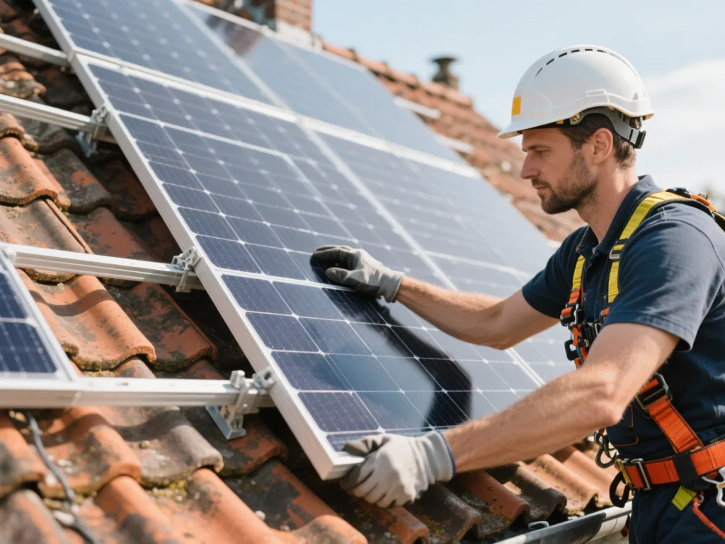 Installateur posant un panneau solaire sur une toiture en tuile en Belgique