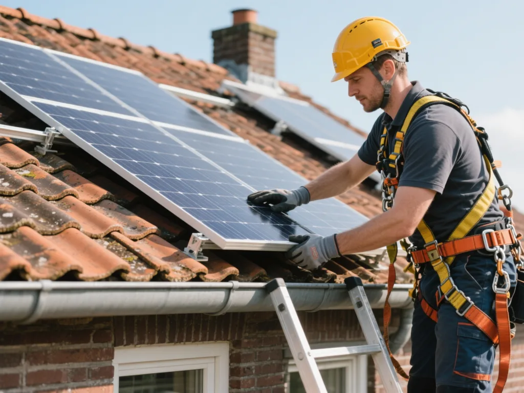 Installateur posant un panneau solaire sur une toiture en tuile en Belgique