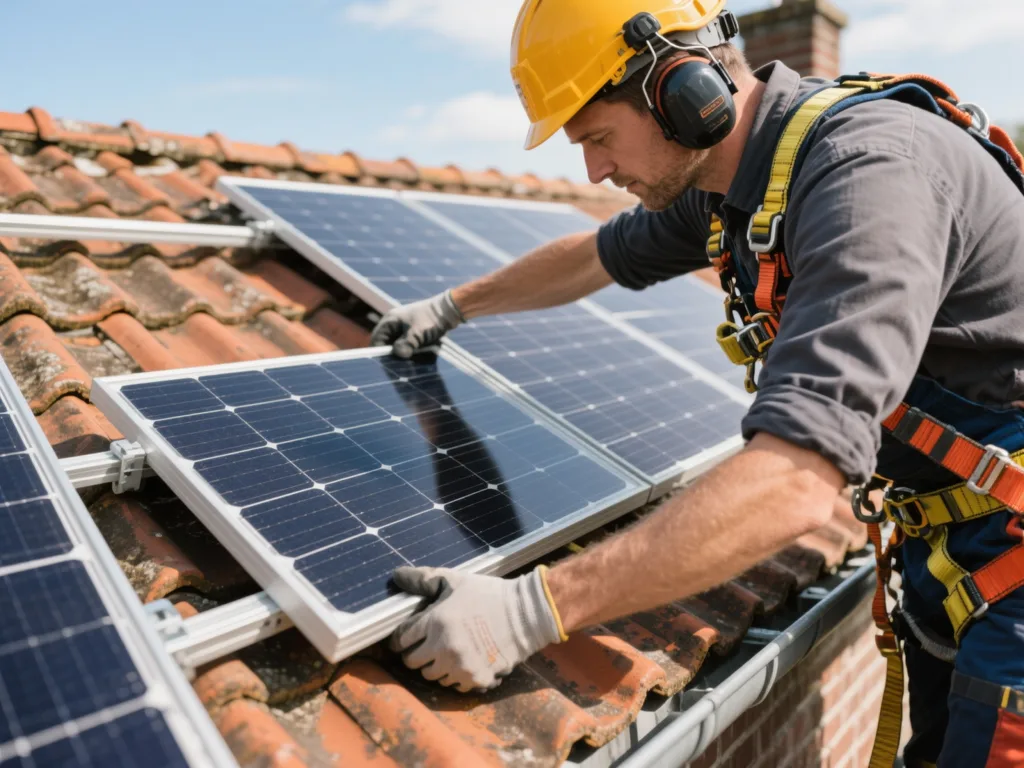 Installateur posant un panneau solaire sur une toiture en tuile en Belgique
