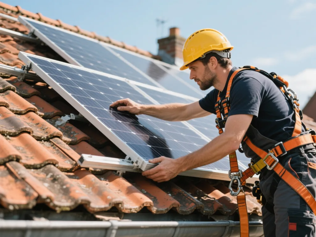 Installateur posant un panneau solaire sur une toiture en tuile en Belgique