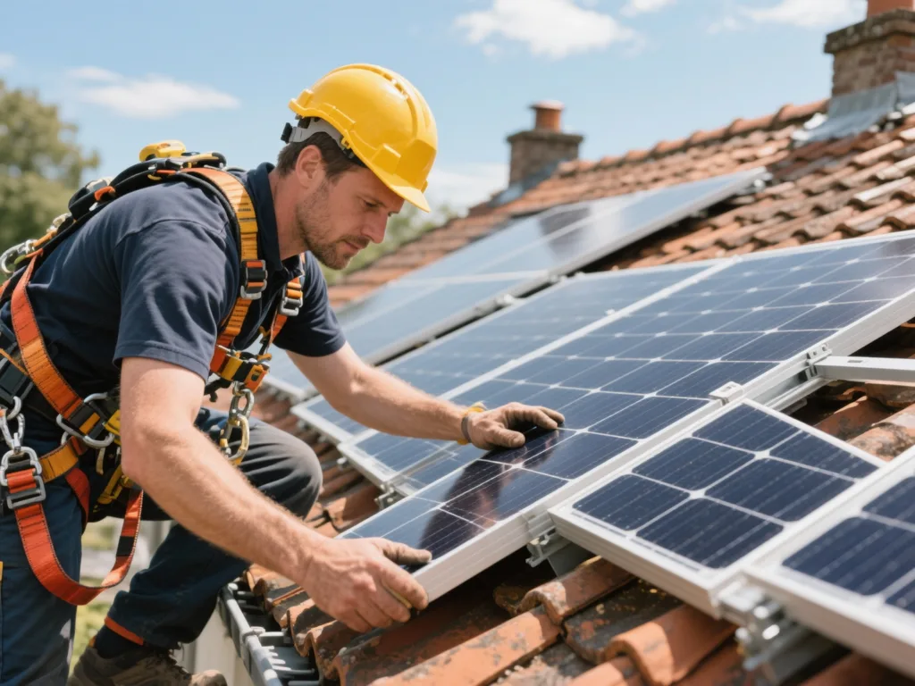 Installateur posant un panneau solaire sur une toiture en tuile en Belgique