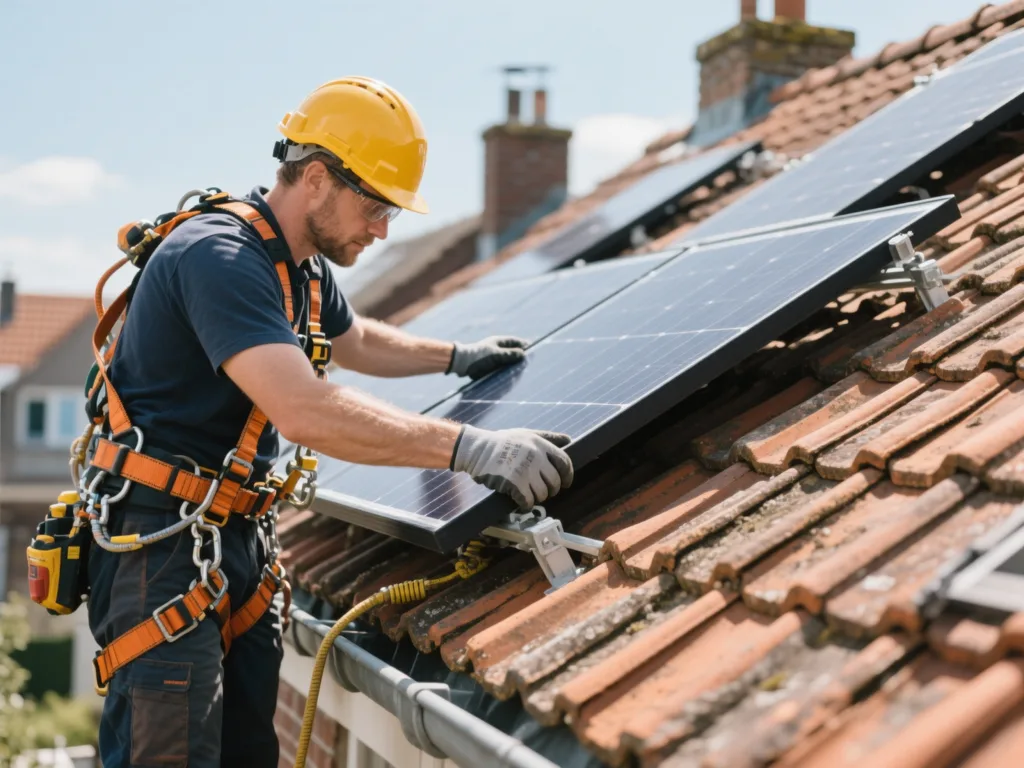 Installateur posant un panneau solaire sur une toiture en tuile en Belgique