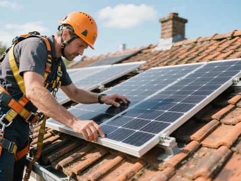 Installateur posant un panneau solaire sur une toiture en tuile en Belgique