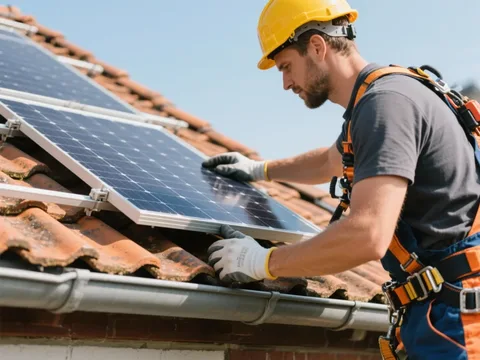 Installateur posant un panneau solaire sur une toiture en tuile en Belgique