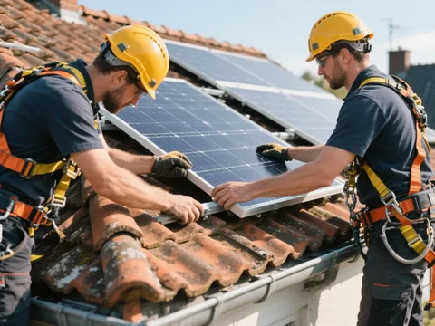Installateur posant un panneau solaire sur une toiture en tuile en Belgique