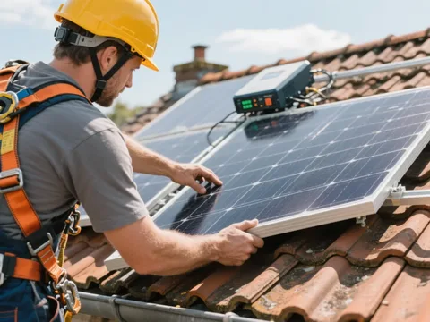 Installateur posant un panneau solaire sur une toiture en tuile en Belgique