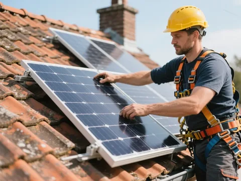 Installateur posant un panneau solaire sur une toiture en tuile en Belgique