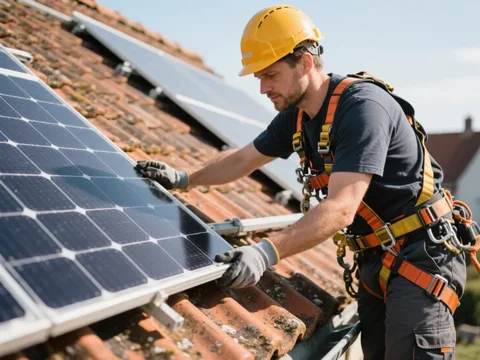 Installateur posant un panneau solaire sur une toiture en tuile en Belgique