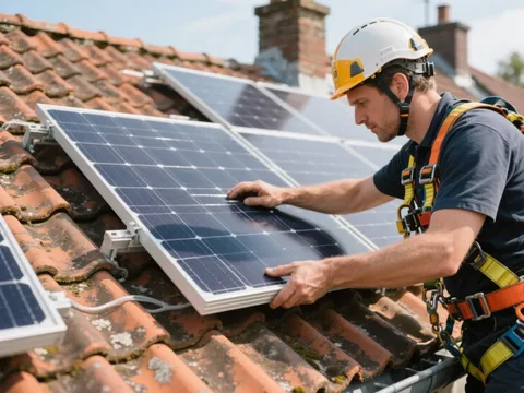 Installateur posant un panneau solaire sur une toiture en tuile en Belgique