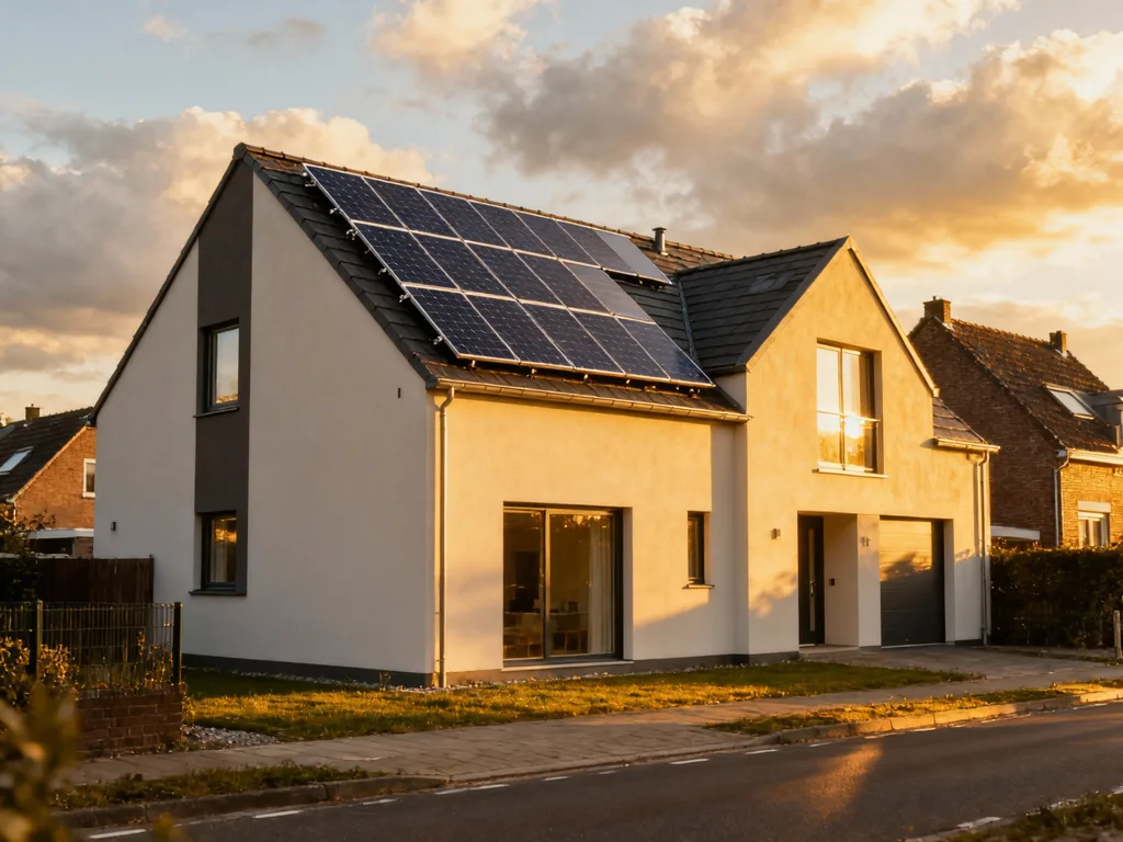 Maison avec panneaux photovoltaïques en Belgique, installation moderne sous lumière du matin