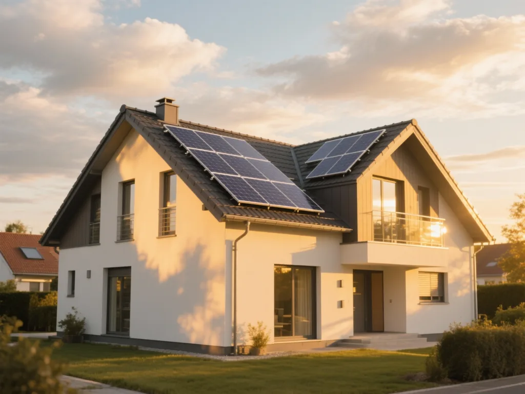 Maison avec panneaux solaires photovoltaïques sous lumière dorée du matin