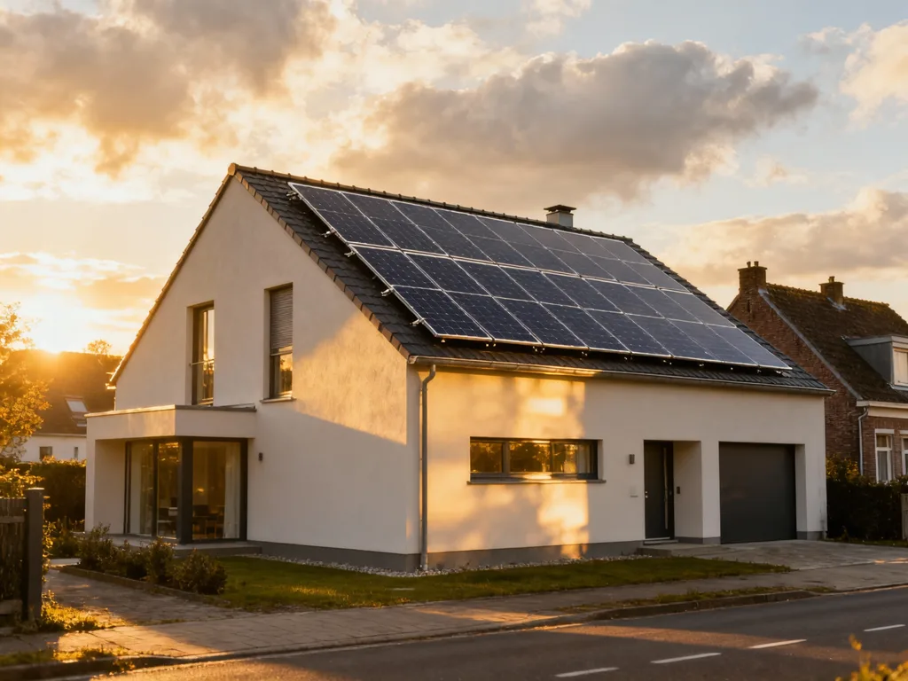 Maison avec panneaux photovoltaïques en Belgique, installation moderne sous lumière du matin