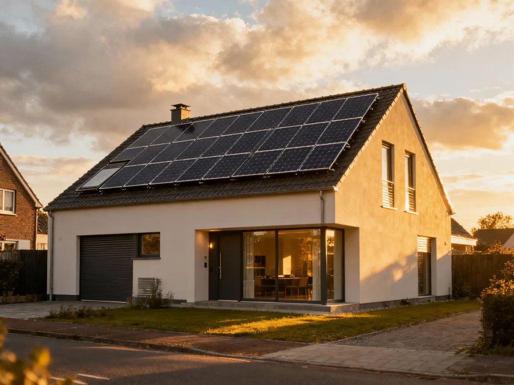 Maison avec panneaux photovoltaïques en Belgique, installation moderne sous lumière du matin