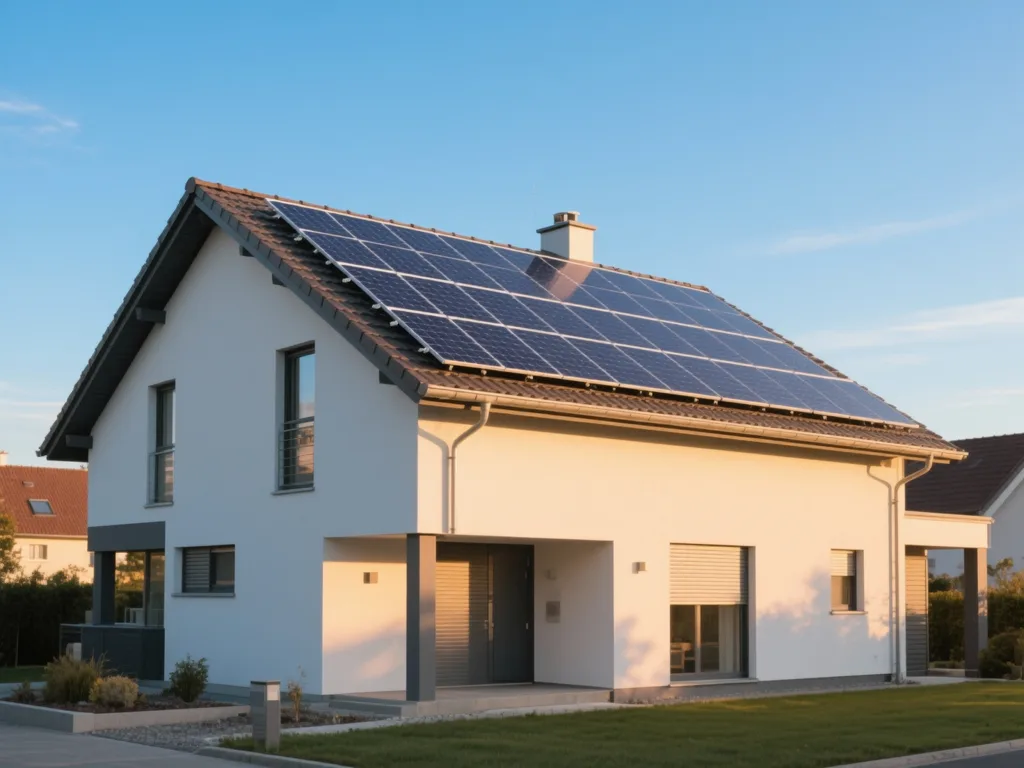 Maison avec panneaux solaires photovoltaïques sous lumière douce de fin de journée