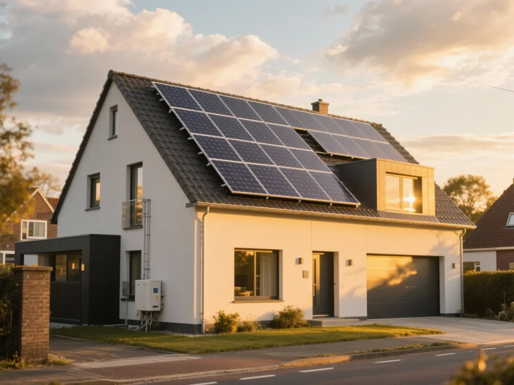 Maison avec panneaux photovoltaïques en Belgique, installation moderne sous lumière du matin