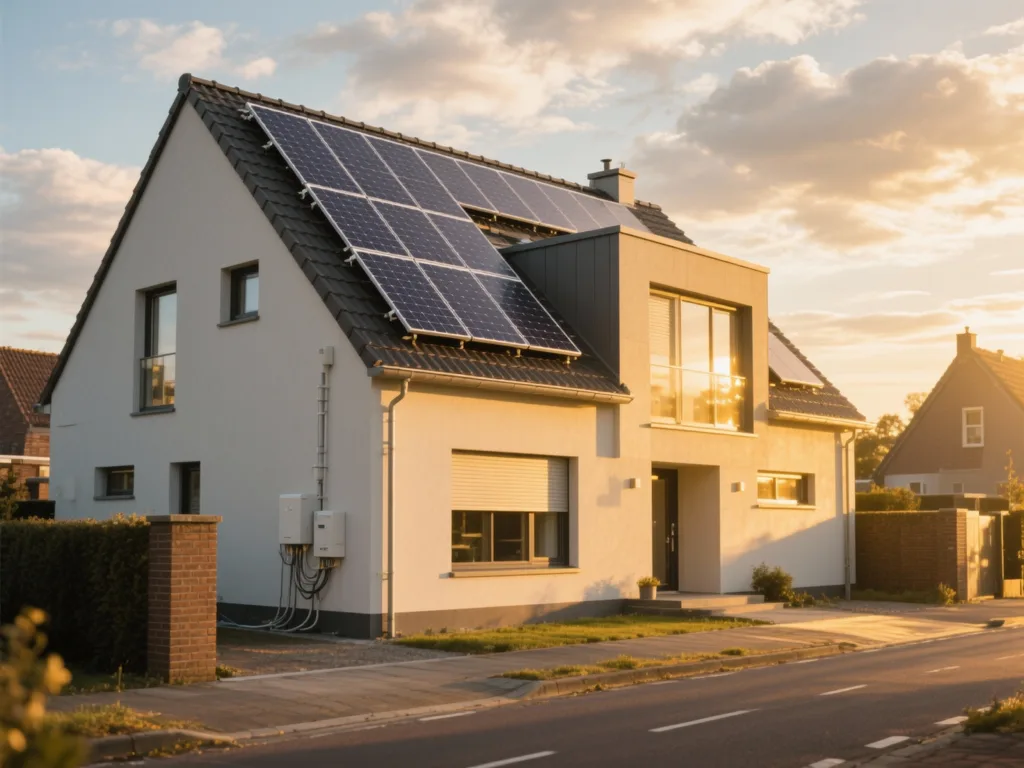 Maison avec panneaux photovoltaïques en Belgique, installation moderne sous lumière du matin