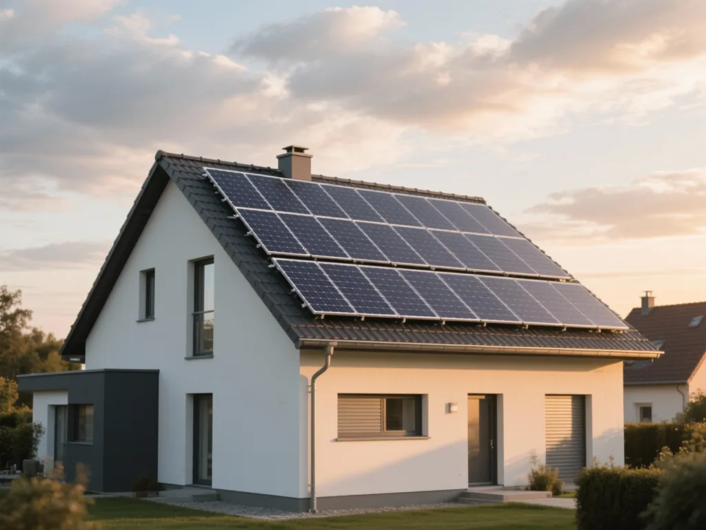 Maison avec panneaux solaires photovoltaïques sous lumière douce de fin de journée