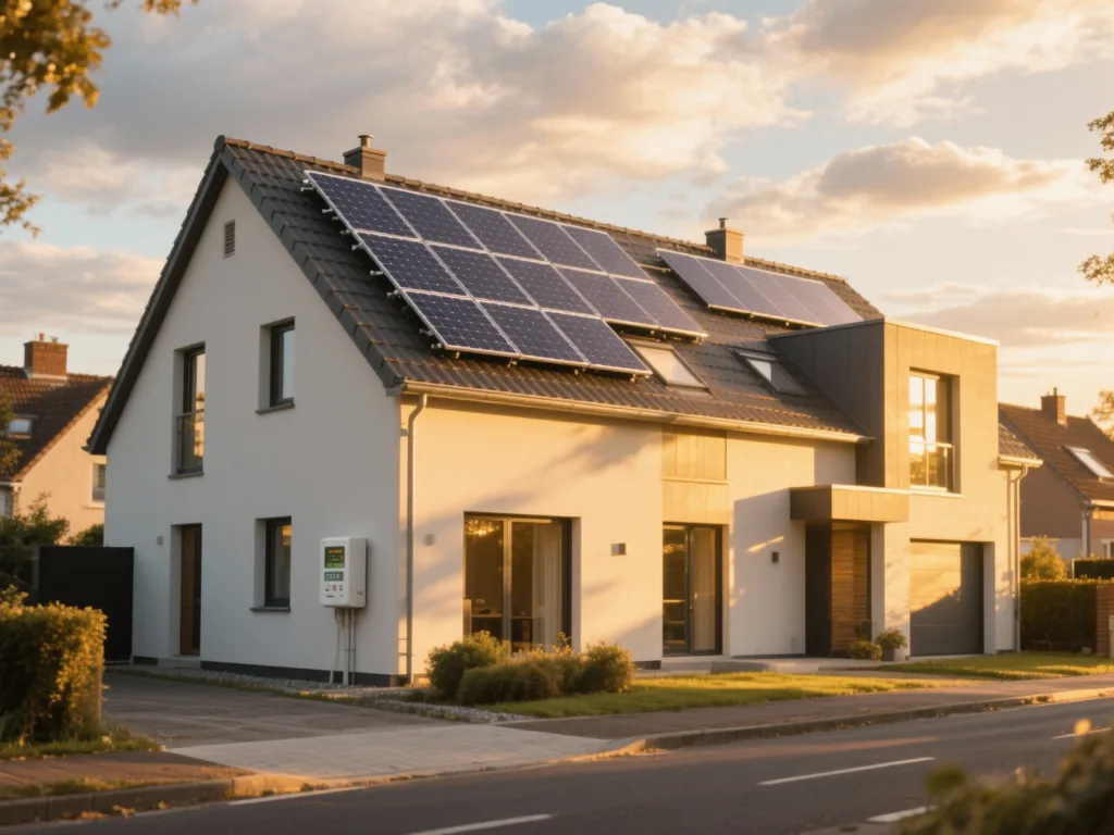 Maison avec panneaux photovoltaïques en Belgique, installation moderne sous lumière du matin