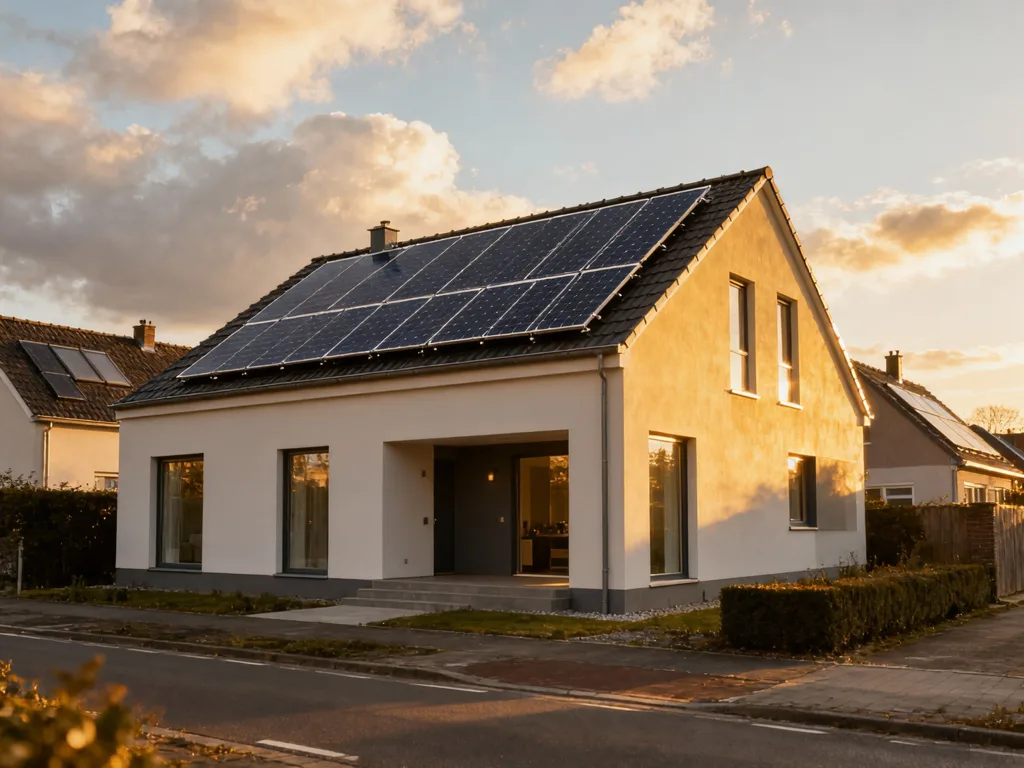 Maison avec panneaux photovoltaïques en Belgique, installation moderne sous lumière du matin