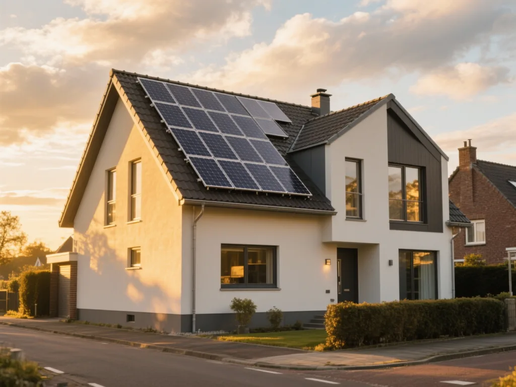 Maison avec panneaux photovoltaïques en Belgique, installation moderne sous lumière du matin
