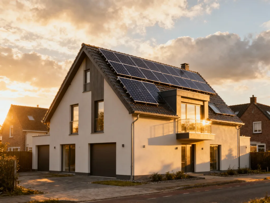 Maison avec panneaux photovoltaïques en Belgique, installation moderne sous lumière du matin