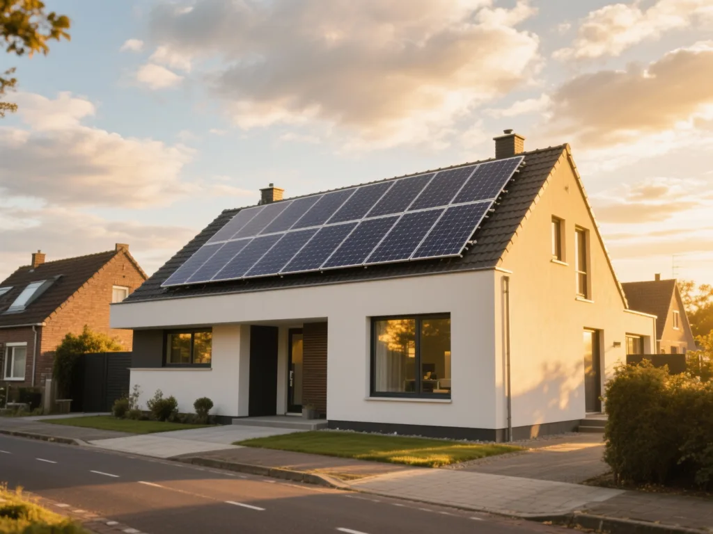Maison avec panneaux photovoltaïques en Belgique, installation moderne sous lumière du matin