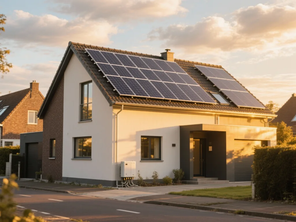 Maison avec panneaux photovoltaïques en Belgique, installation moderne sous lumière du matin