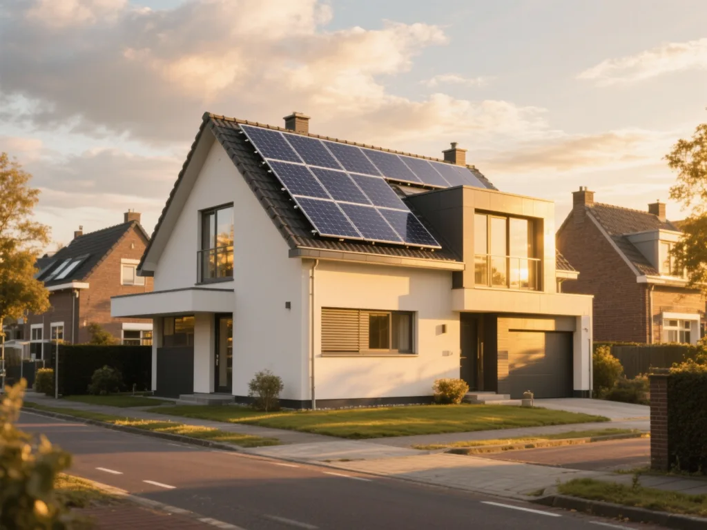 Maison avec panneaux photovoltaïques en Belgique, installation moderne sous lumière du matin