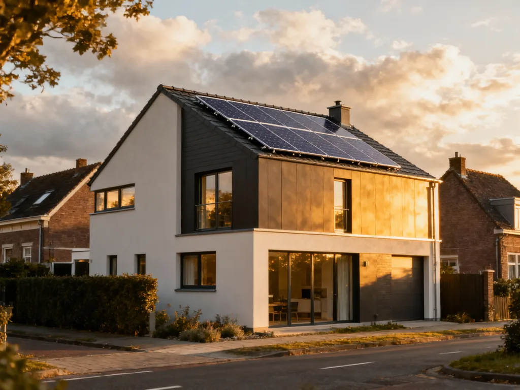 Maison avec panneaux photovoltaïques en Belgique, installation moderne sous lumière du matin