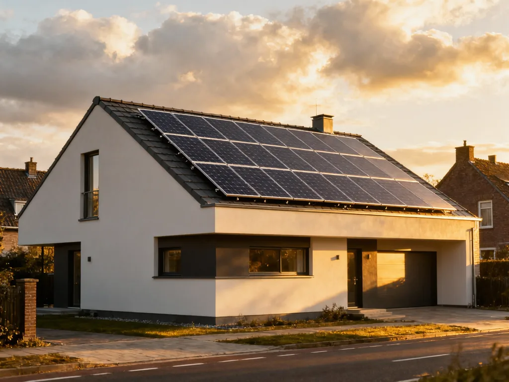 Maison avec panneaux photovoltaïques en Belgique, installation moderne sous lumière du matin