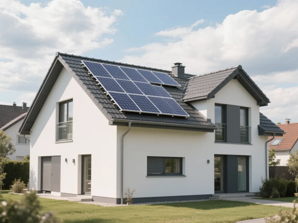 Maison avec panneaux solaires photovoltaïques sous lumière naturelle de midi