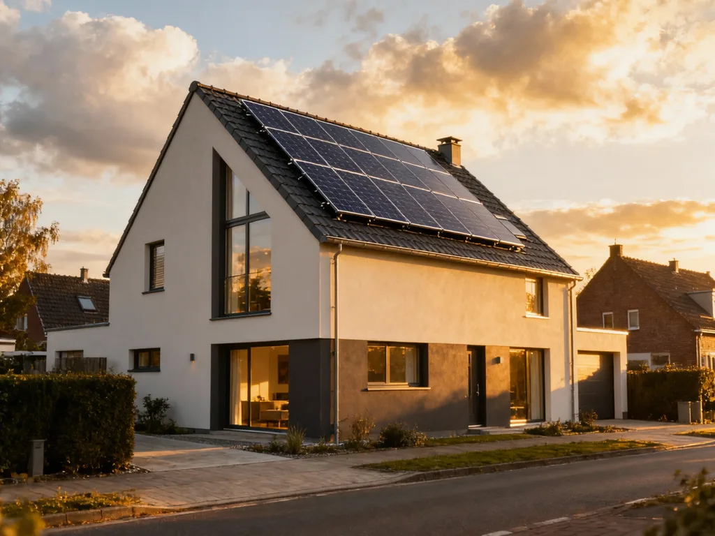 Maison avec panneaux photovoltaïques en Belgique, installation moderne sous lumière du matin