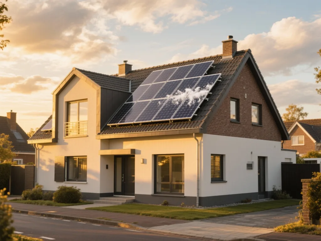 Maison avec panneaux photovoltaïques en Belgique, installation moderne sous lumière du matin