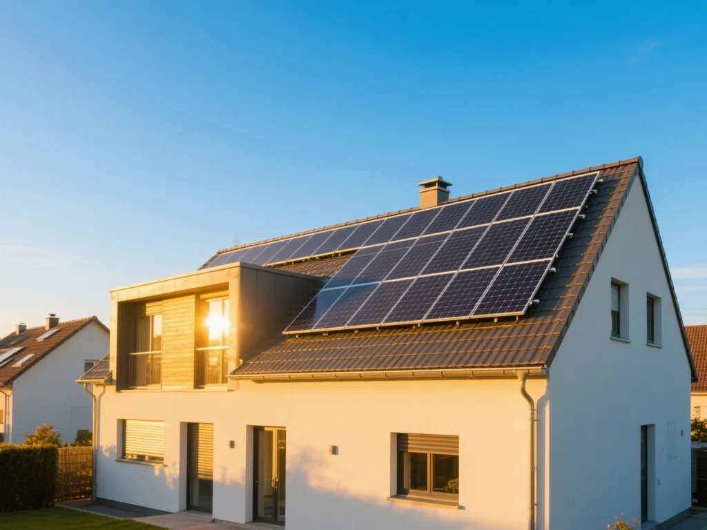 Maison avec panneaux solaires photovoltaïques sous lumière dorée du matin