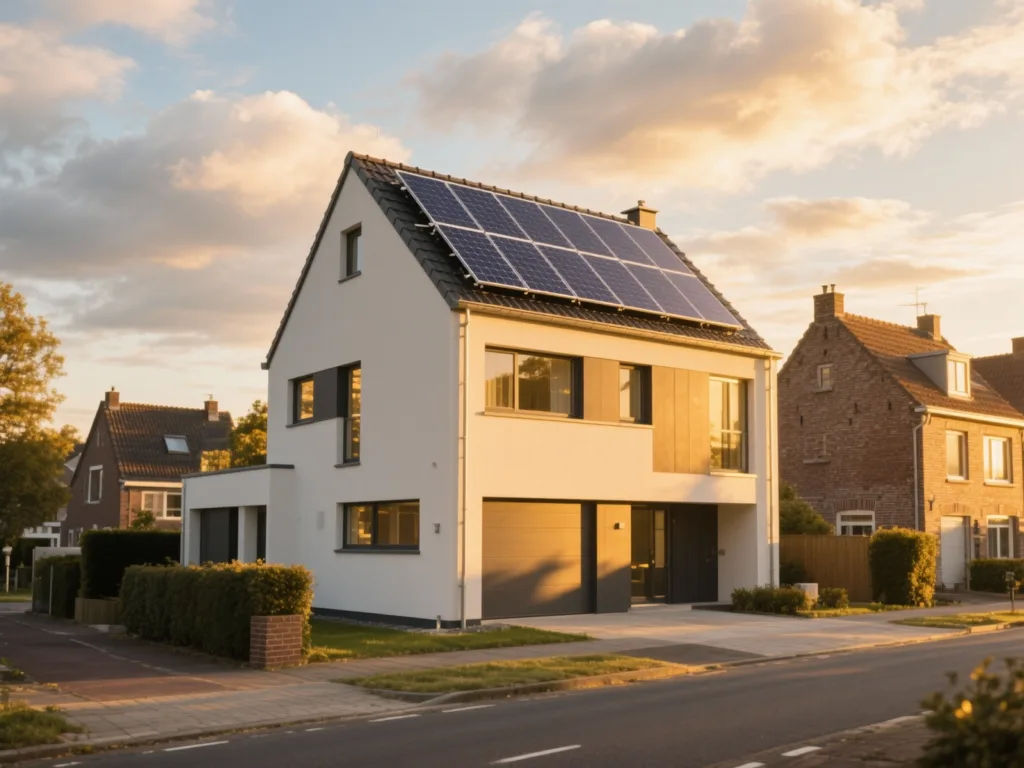 Maison avec panneaux photovoltaïques en Belgique, installation moderne sous lumière du matin