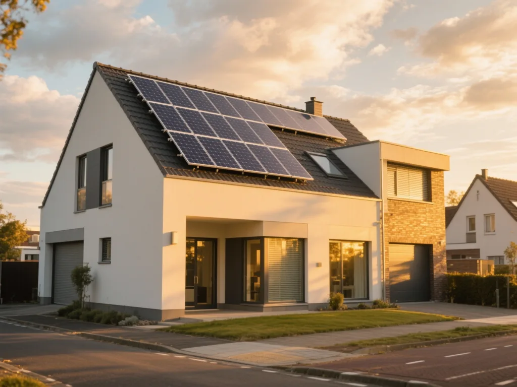 Maison avec panneaux photovoltaïques en Belgique, installation moderne sous lumière du matin