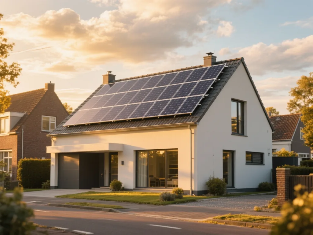 Maison avec panneaux photovoltaïques en Belgique, installation moderne sous lumière du matin