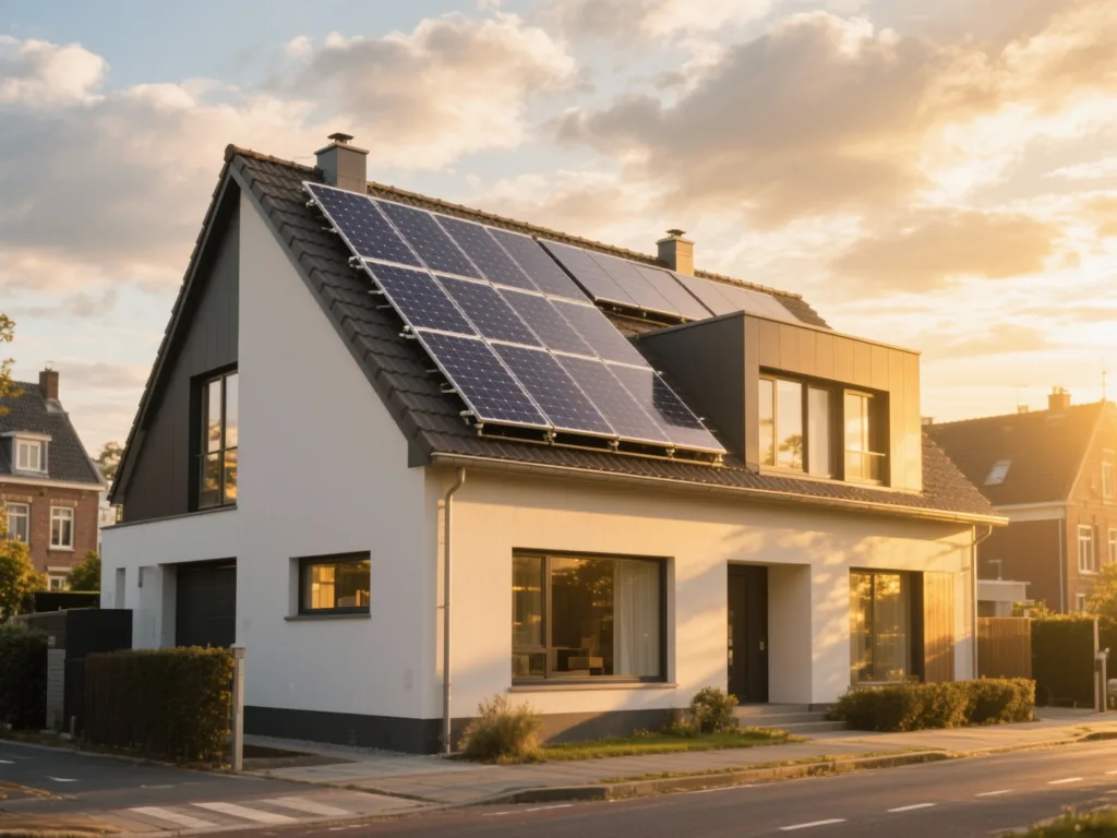 Maison avec panneaux photovoltaïques en Belgique, installation moderne sous lumière du matin